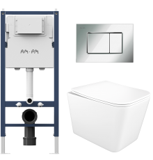 Комплект 3 в 1 Унитаз подвесной STWORKI Молде S23401WH безободковый, с микролифтом, антивсплеск + Инсталляция AM.PM PrimeFit I012709 цвет белый + Кнопка ProC S I070231 цвет матовый хром