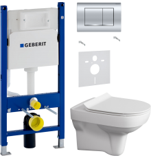 Комплект Унитаз подвесной Cersanit City Clean On DPL EO slim + Шумоизоляция Geberit 156.050.00.1 + Инсталляция Duofix Delta 458.163.21.1 с кнопкой смыва, хром