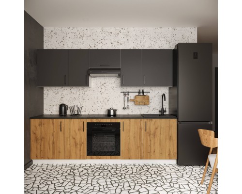 Кухонный гарнитур Domaci Болонья 260 см, фасад дуб вотан, графит, ручка черная, столешница луна KUH-1008838