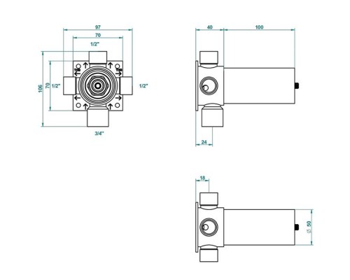THG Wall mounted 4-way diverter with ceramic cartridge for concealed installation- 1 inlet 3/4 and 3 outlets 1/2 with stop position, without trim. G00-A00-49M3SPSA THG Wall mounted 4-way diverter with ceramic cartridge for concealed installation- 1 inlet 3/4 and 3 outlets 1/2 with stop position, without trim. G00-A00-49M3SPSA