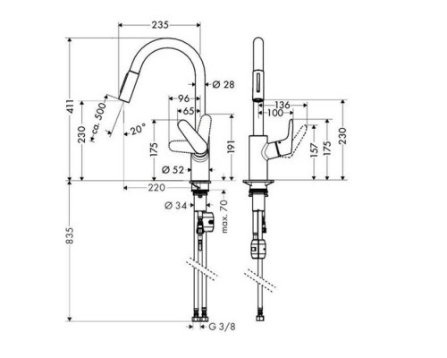 Hansgrohe Focus, Смеситель для кухни, с выдвижным душем, Цвет: хром. 31815000 Hansgrohe Focus, Смеситель для кухни, с выдвижным душем, Цвет: хром. 31815000