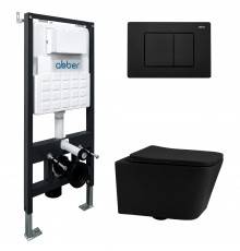 Комплект Abber Rechteck AC1201MB-AC0105-AC0120MB, Унитаз подвесной безободковый, с микролифтом + Система инсталляции + Кнопка смыва матовая черная