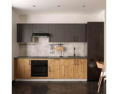 Кухонный гарнитур Domaci Болонья 260 см, фасад дуб вотан, графит, ручка черная, столешница луна KUH-1008822