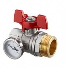 Шаровой кран с плоским уплотнением Ду20,  G3/4BP x G1HP, с термометром (0–80 °C), с красным маховиком