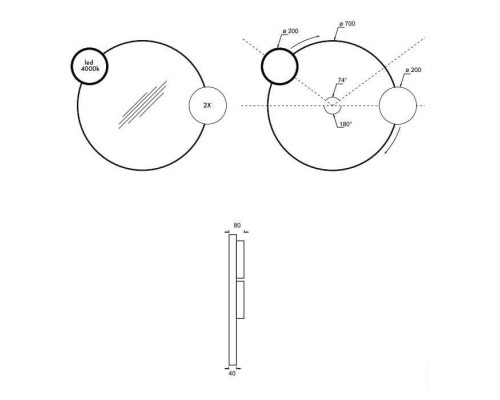 Alice Lunaris Зеркало 70см., подвесное, с подсветкой, цвет: черный матовый. MSP70LUN