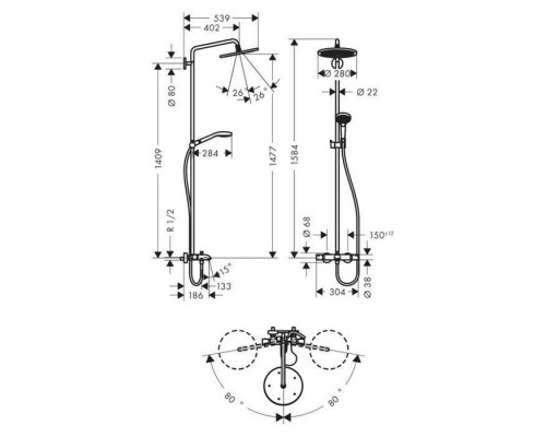 Hansgrohe Croma E 280 1jet Душевая система Showerpipe с термостатом для ванны, хром. 26792000 Hansgrohe Croma E 280 1jet Душевая система Showerpipe с термостатом для ванны, хром. 26792000