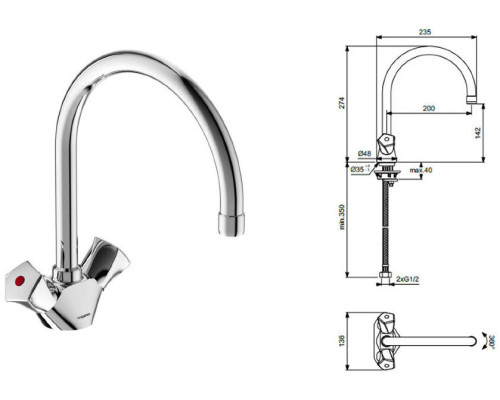 VI BA359AA Life Смеситель для кухни 142 мм, керамика 180°, ∩ излив, подводка 1/2 BA359AA