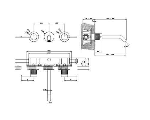 Gessi 316 Встраиваемый смеситель для раковины на 3 отв., излив: 200-180мм, внешняя часть, цвет: brushed black metal pvd. 54294#707