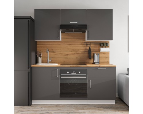 Кухонный гарнитур Domaci Болонья 180 см, фасад графит, ручка хром, столешница дуб вотан KUH-767418