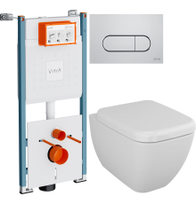 Комплект Унитаз подвесной VitrA Shift 7742B003-0075 белый глянцевый + Крышка 91-003-009 с микролифтом, петли хром + Инсталляция V-Fix Core 732-5800-01PV + Кнопка Root Round 740-2280 хром