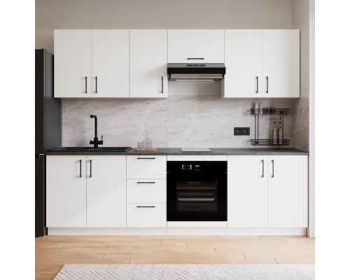 Кухонный гарнитур Domaci Болонья 260 см, фасад белый, ручка черная, столешница луна KUH-1008808