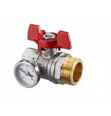Шаровой кран с плоским уплотнением Ду25,  G1BP x G1HP, с термометром (0–80 °C), с красной рукояткой