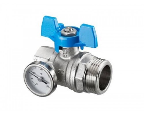 Шаровой кран с плоским уплотнением Ду25,  G1BP x G1HP, с термометром (0–80 °C), с синей рукояткой