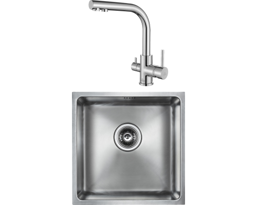 Комплект Мойка кухонная Paulmark Lassan 304444-BS брашированная нержавеющая сталь + Смеситель Essen 213011-СR хром