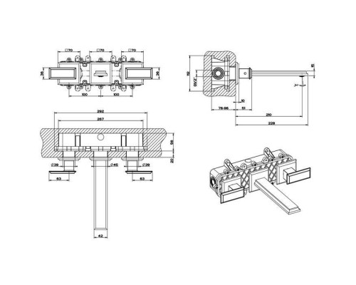Gessi Eleganza Встраиваемый смеситель для раковины на 3 отверстия, без донного клапана, с изливом, внешняя часть, цвет: черный металлик. 46090#706