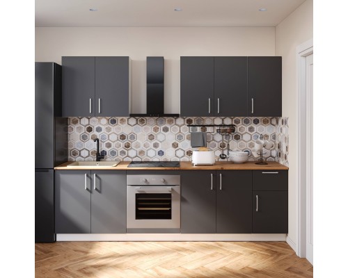Кухонный гарнитур Domaci Болонья 260 см, фасад графит, ручка хром, столешница дуб вотан KUH-1008784