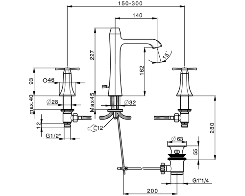 CISAL Cherie Смеситель для раковины на 3 отв. с донным клапаном, цвет: хром/черный матовый. CX0010606T
