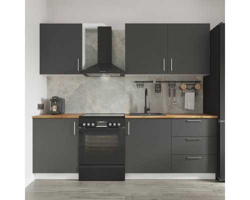 Кухонный гарнитур Domaci Болонья 240 см, фасад графит, ручка хром, столешница дуб вотан KUH-708363