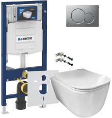 Комплект Унитаз подвесной Ceramicanova New Day CN3005 с микролифтом, безободковый + Крепления Geberit Duofix 111.815.00.1 к стене + Шумоизоляция 156.050.00.1 + Инсталляция UP 320 111.300.00.5 + Кнопка Sigma 01 115.770.JQ.5 лакированная, матовый хром