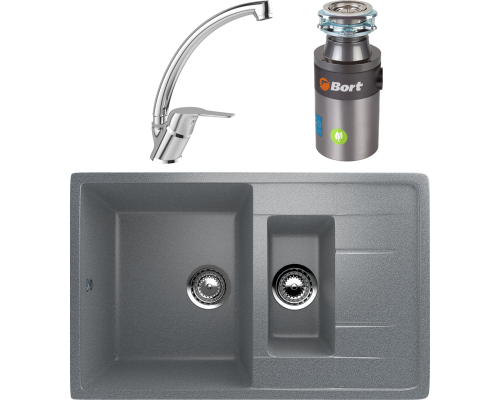 Комплект Мойка кухонная Ulgran U-205 -309 темно-серая + Смеситель MEGA Mega MG-BMK016 хром + Измельчитель Bort Titan 4000 Plus