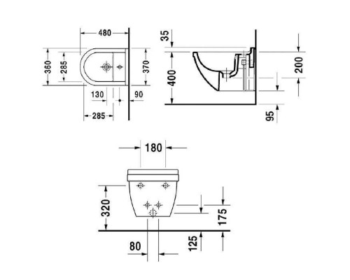 Duravit Starck 3 Биде подвесное 47.5х36см, с 1 отв под смеситель, крепления Durafix, (без инсталл крепление 006500), цвет: белый. 2281150000