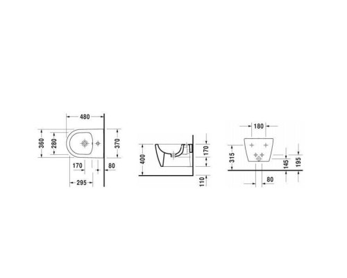 Duravit ME by Starck Биде подвесное компакт с перел., с 1 отв. под смес., вкл. крепление Durafix, 37x48см, цвет: белый. 2290150000