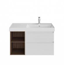 Тумба под раковину KERAMA MARAZZI Cubo 90, правая подвесная, с ящиками и полкой, белая матовая, структурированный орех