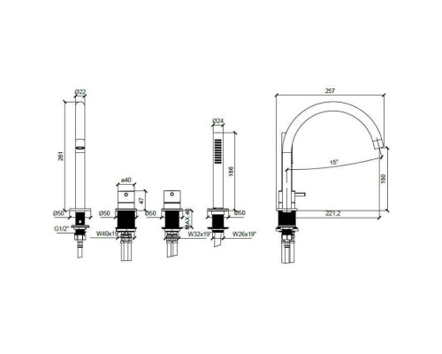 Almar Mixers Смеситель на борт ванны, 4 отв., с ручным душем, цвет: никель брашированный. E214006.NB