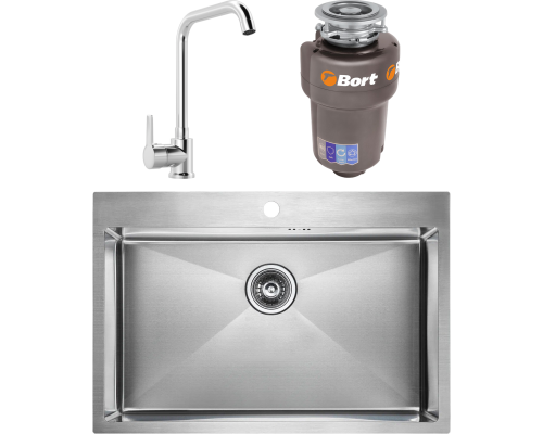 Комплект Мойка кухонная Paulmark Kroner PM217551-BS брашированная нержавеющая сталь + Смеситель MEGA Ege MG-PL10 хром + Измельчитель Bort Titan Max Power