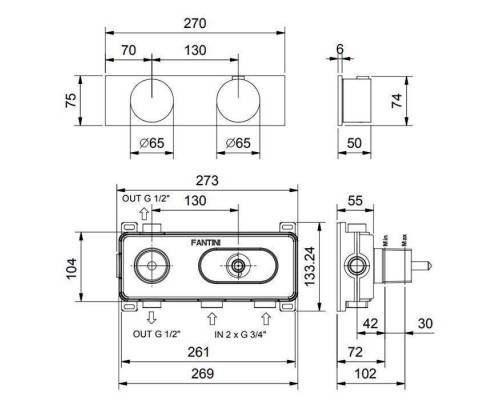 Fantini AF/21 Смеситель для душа,  встраиваемый, термостатический, с переключателем на 2 положения, цвет: матовая натуральная сталь. 27 93 A972B