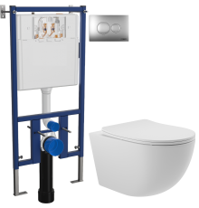 Комплект Унитаз подвесной Aqueduto Ovo OVO0120 безободковый, с микролифтом, белый матовый + Инсталляция DIWO + Кнопка 7311 хром матовый