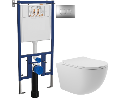 Комплект Унитаз подвесной Aqueduto Ovo OVO0120 безободковый, с микролифтом, белый матовый + Инсталляция DIWO + Кнопка 7311 хром матовый