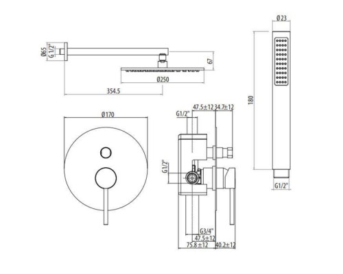 Gattoni Circle One Комплект для душа со встроенным смесителем, перекл. на 2 вых, с ручной лейкой и верхним душем 250мм, цвет: хром. 9090/PDC0