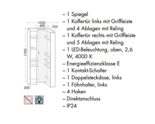 Burgbad Sys30 Шкаф 40х33.5х176см., подвесной, 1 LED 4000K IP24, 2 створки с полками, держатель фена, зеркало, 2 розетка внутри, ручки хром, цвет: белый глянцев. HSHD040461 Burgbad Sys30 Шкаф 40х33.5х176см., подвесной, 1 LED 4000K IP24, 2 створки с полками, держатель фена, зеркало, 2 розетка внутри, ручки хром, цвет: белый глянцев. HSHD040461