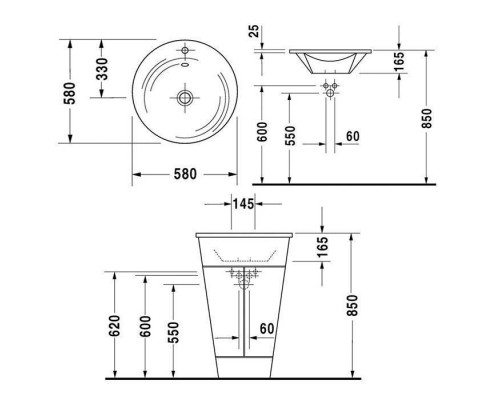 Duravit Раковина 58x h85см., 1 отв., с переливом, цвет: белый. 0406580000