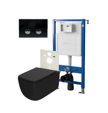 Комплект Унитаз подвесной Point Меркурий PN41831BM черный матовый, безободковый, с микролифтом + Система инсталляции для унитазов Point PN45121 пневматическая + Кнопка смыва Point Венера PN44071BC черная, хром