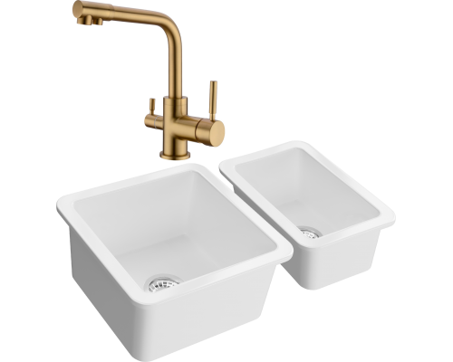 Комплект Мойка кухонная Domaci Сиена 50345-101 белый глянец + Мойка 50325-101 белый глянец + Смеситель Равенна DCB 3003 золото