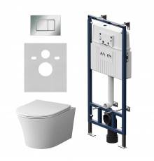 Комплект Унитаз подвесной Damixa Skyline DX35C1700SC безободковый, с микролифтом + Инсталляция AM.PM MasterFit I012710.0251 с кнопкой ProC S  хром глянец