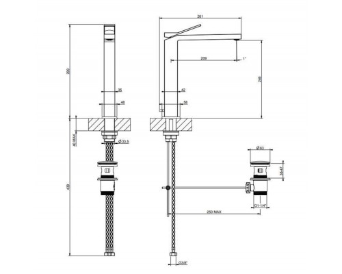 GESSI RETTANGOLO K Смеситель для раковины высокий на 1 отверстие, однорычажный, с донным клапаном, цвет: Brushed Brass PVD. 53003#727