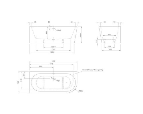 KNIEF Wall XS Corner R Ванна в левый угол 165x75x58xсм, с щелевым переливом, без сл-пер, цвет: белый. 0100-091-06,  0100-255-R