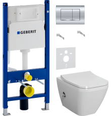 Комплект Унитаз подвесной VitrA Integra Square 7082B003-7209 с функцией биде + Крышка Integra Square 191-003-009 с микролифтом + Инсталляция Geberit Duofix Delta 458.163.21.1 с кнопкой смыва, хром + Шумоизоляция 156.050.00.1