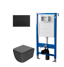 Комплект Унитаз подвесной Point Меркурий PN41831GM серый матовый, безободковый, с микролифтом + Система инсталляции для унитазов Point PN45122 с контейнером для гигиенических таблеток + Кнопка смыва Point Меркурий PN44831BM черная матовая