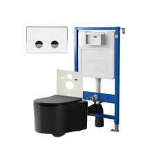 Комплект Унитаз подвесной Point Веста PN41701BM черный матовый, безободковый, с микролифтом + Система инсталляции для унитазов Point PN45121 пневматическая + Кнопка смыва Point Венера PN44071WC белая, хром