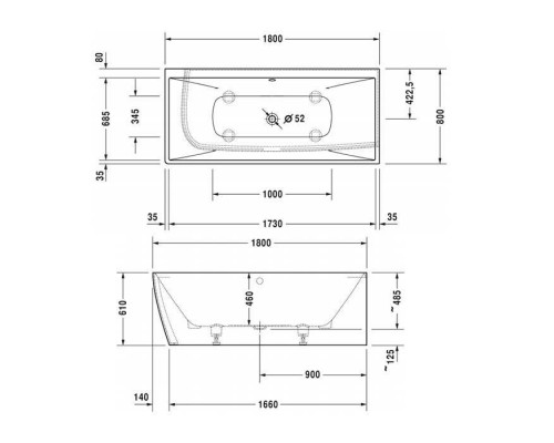 Duravit DuraSquare Ванна 180x80см,  угол справа, с панелью и ножками.с 2 наклонами для спины. цвет: белый. 700428000000000,  792208000001000