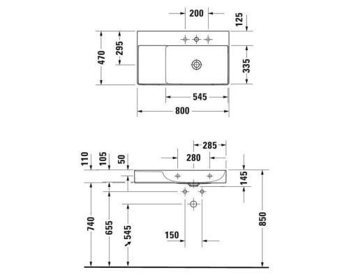 Duravit DuraSquare Раковина подвесная 80х47см, Dx, с отметками на 2 отв., без перелива, цвет: белый. 2349800040