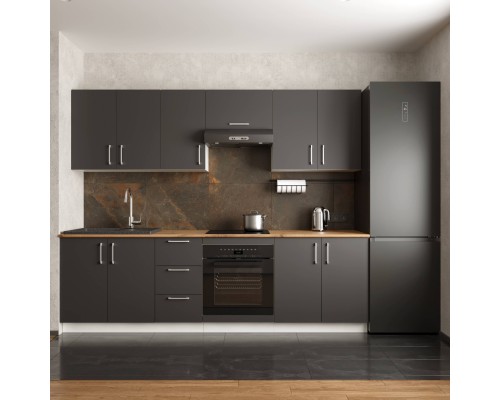 Кухонный гарнитур Domaci Болонья 260 см, фасад графит, ручка хром, столешница дуб вотан KUH-1008809