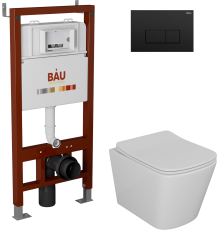 Комплект Унитаз подвесной Bauedge Bau Stil безободковый, с микролифтом + Инсталляция Bau Pro + Кнопка Hotel, черная матовая