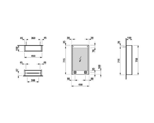Laufen Frame 25 Зеркальный шка 45x15x75см., алюминий, 1 дверца с зеркалом с 2х сторон, SX, сенс. выкл., 2 розетки, 2 верт-х эл-та LED-подсветки (регул-ая яркость), с окружающим освещением (внизу), цвет: белый . 4.0835.1.900.145.1