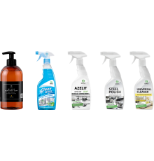 Набор Grass Очиститель для стекол Clean Glass голубая лагуна, 600 мл + Средство Universal Cleaner 600 мл + Средство Steel Polish 600 мл + Антижир Azelit 600 мл + Жидкое мыло Milana Oud Rood, 300 мл
