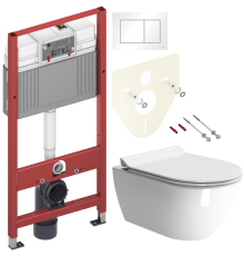 Комплект Унитаз подвесной GSI Pura 881611 безободковый + Крышка Norm MS86CSN11 с микролифтом, белая + Инсталляция TECE Base 9400413 4 в 1 с кнопкой смыва